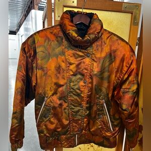 Vintage Skiing Jacket Retro Shiny Orange Floral Fabric